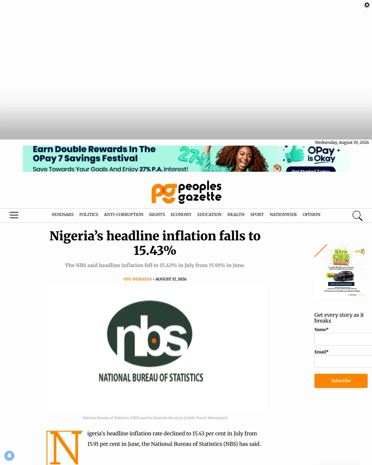 gazettengr.com as published: Nigeria’s headline inflation falls to 15.43%