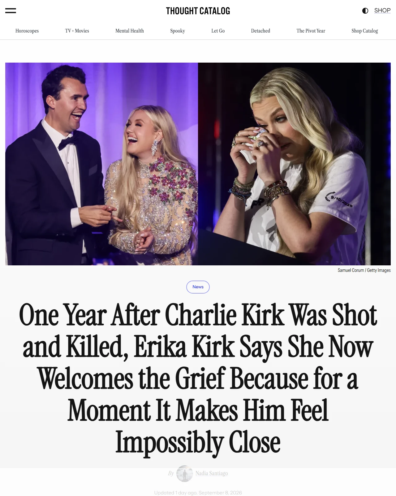 thoughtcatalog.com as published: One Year After Charlie Kirk Was Shot and Killed, Erika Kirk Says She Now Welcomes the Grief Because for a Moment It Makes Him Feel Impossibly Close
