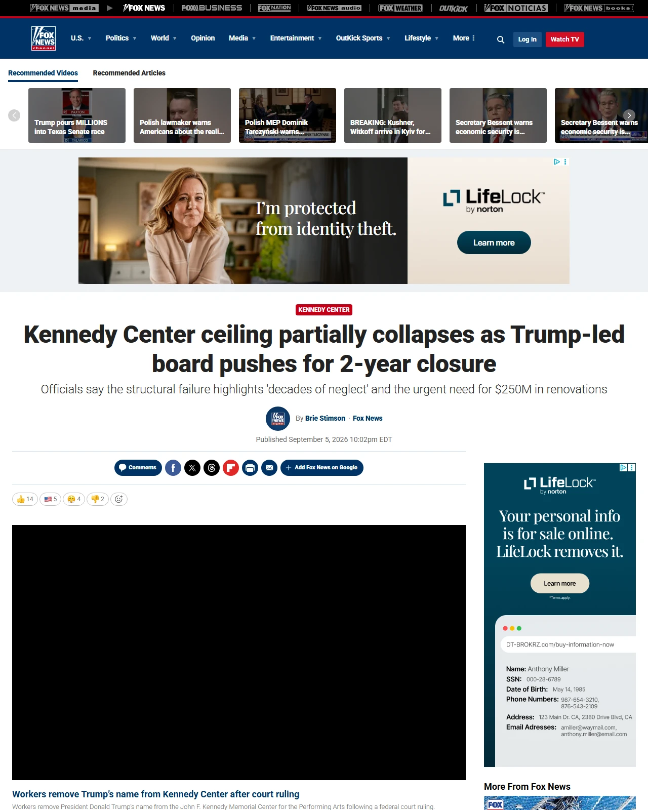 foxnews.com as published: Kennedy Center ceiling partially collapses as Trump-led board pushes for 2-year closure