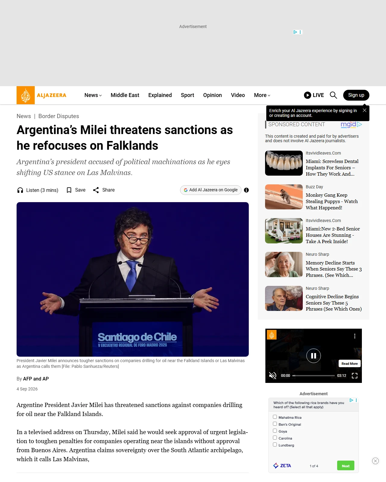 aljazeera.com as published: Argentina’s Milei threatens sanctions as he refocuses on Falklands