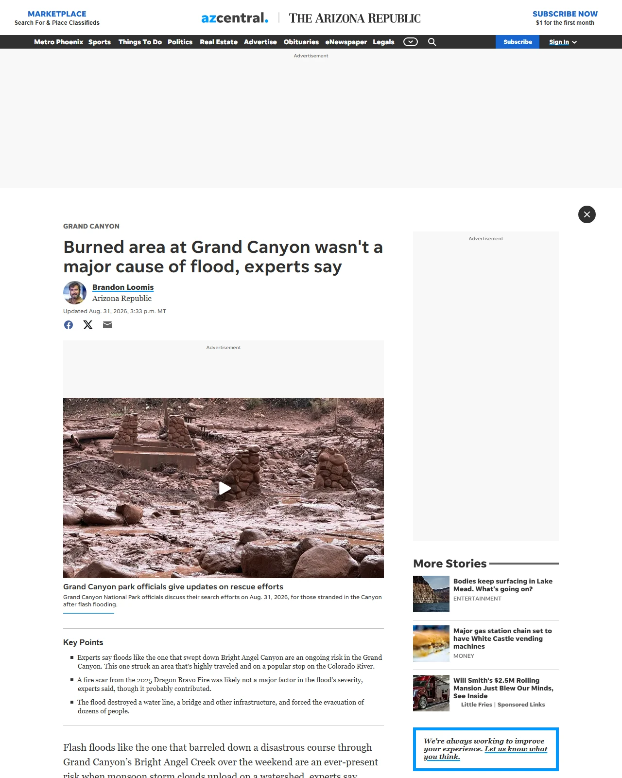 azcentral.com as published: Burned area at Grand Canyon wasn't a major cause of flood, experts say
