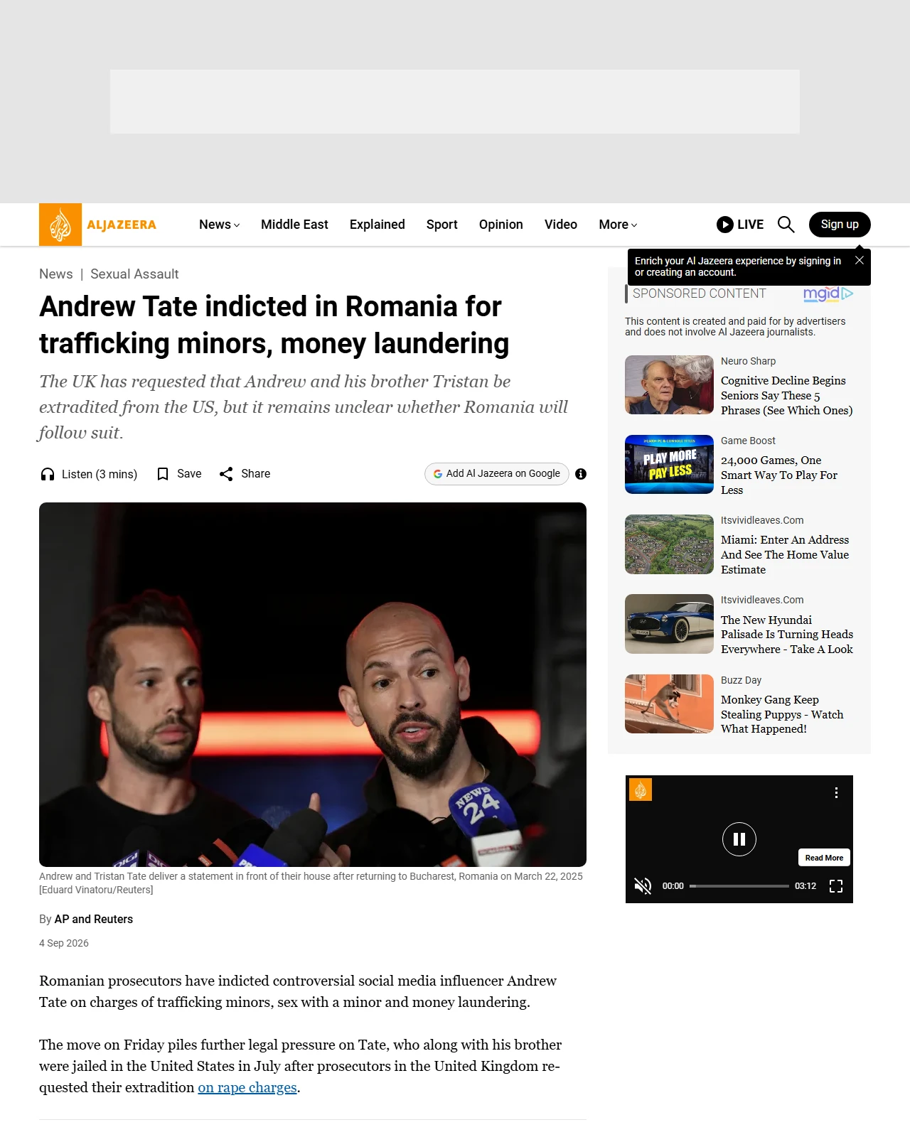 aljazeera.com as published: Andrew Tate indicted in Romania for trafficking minors, money laundering