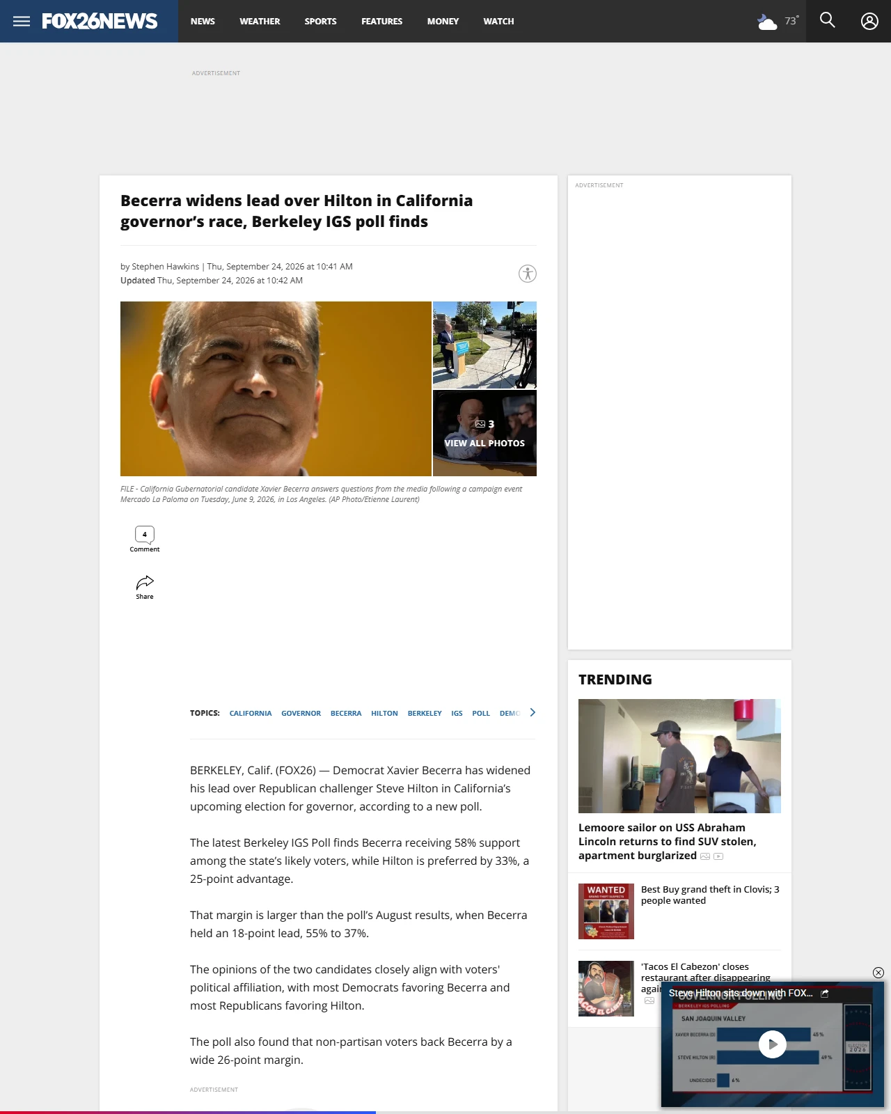 kmph.com as published: Becerra widens lead over Hilton in California governor’s race, Berkeley IGS poll finds