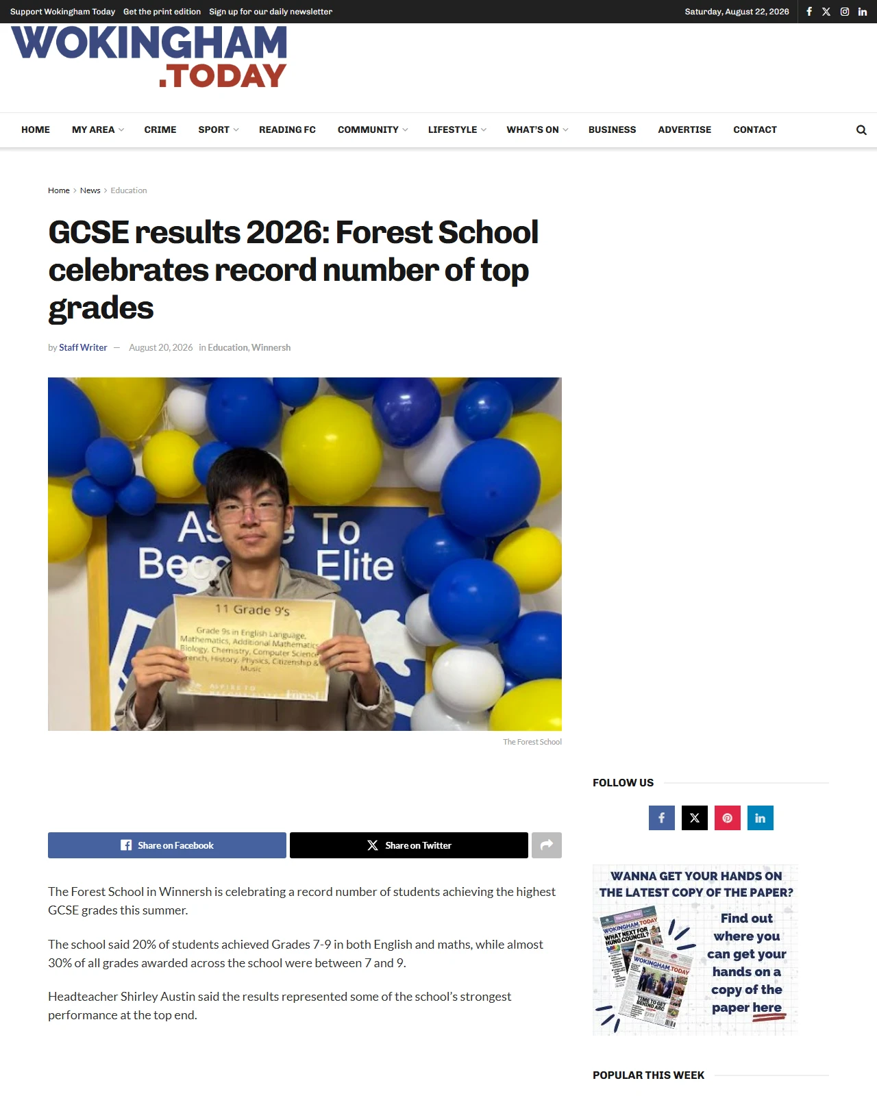 wokingham.today as published: GCSE results 2026: Forest School celebrates record number of top grades