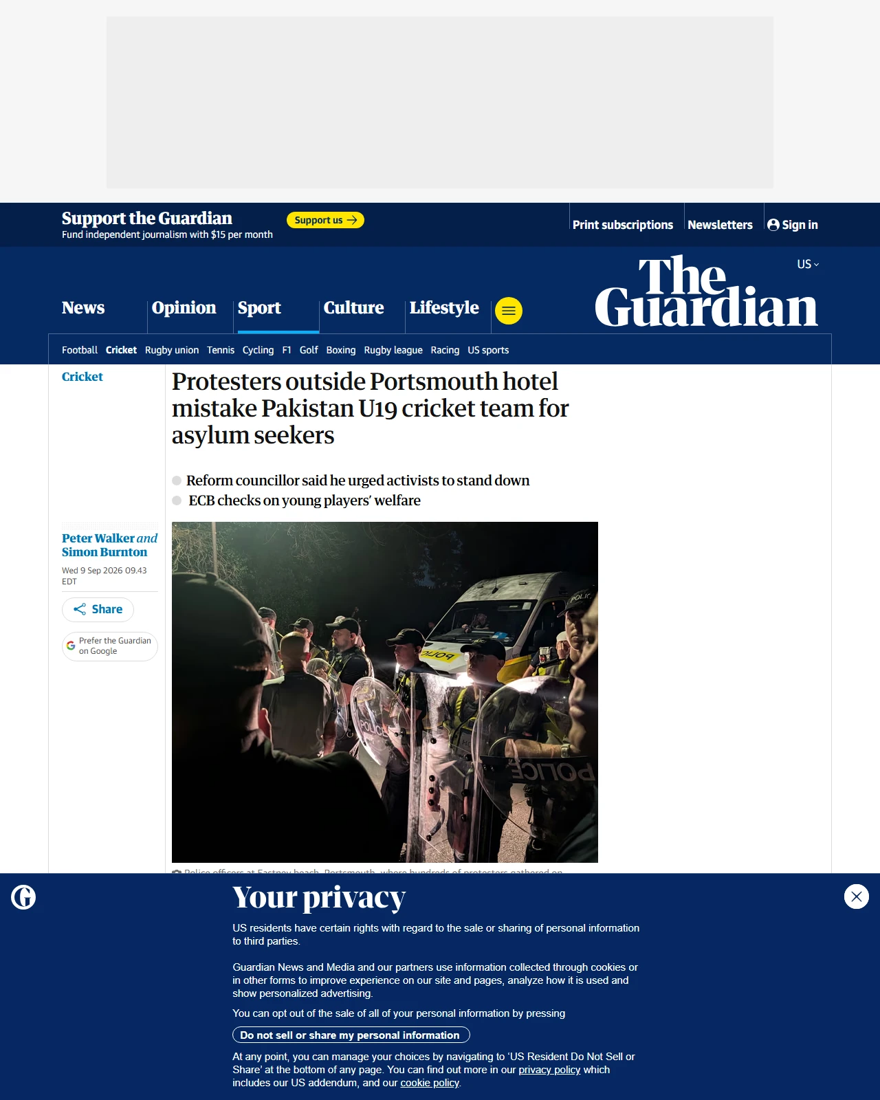 theguardian.com as published: Protesters outside Portsmouth hotel mistake Pakistan U19 cricket team for asylum seekers