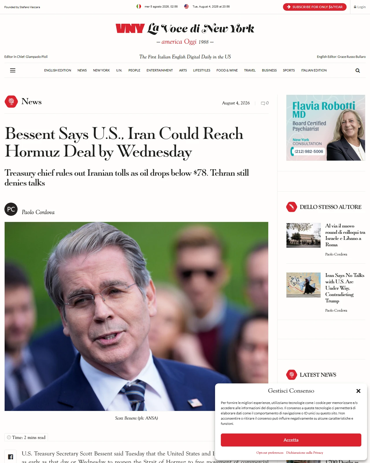 lavocedinewyork.com as published: Bessent Says U.S., Iran Could Reach Hormuz Deal by Wednesday