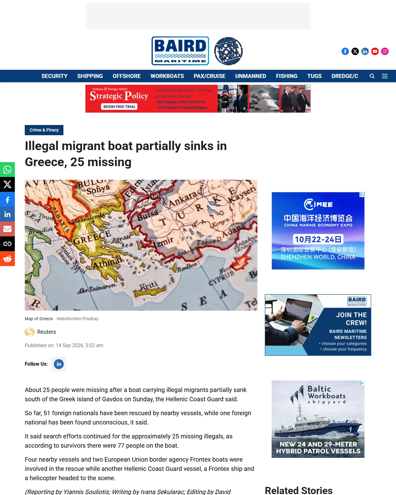 bairdmaritime.com as published: Illegal migrant boat partially sinks in Greece, 25 missing