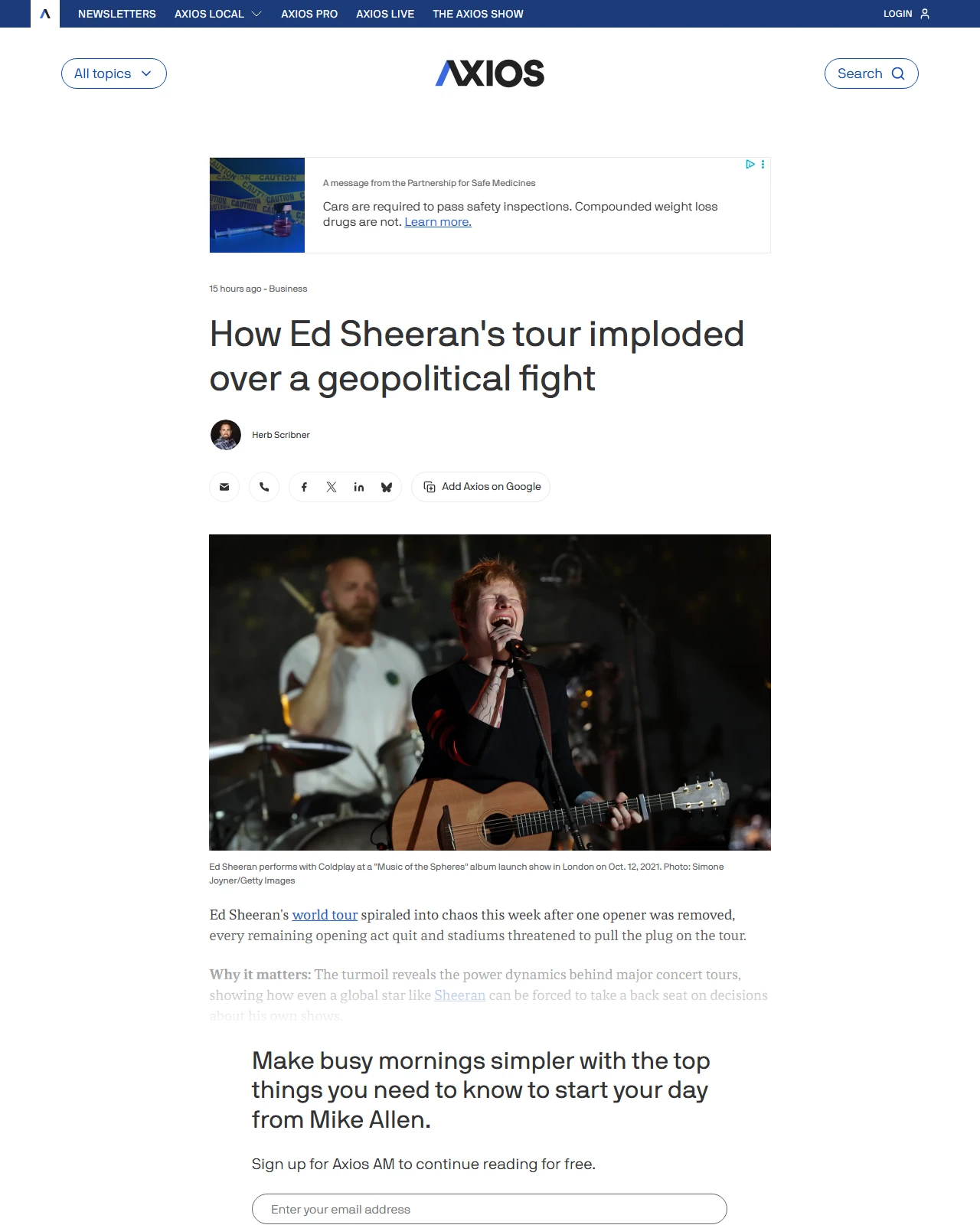 axios.com as published: How Ed Sheeran's tour imploded over a geopolitical fight