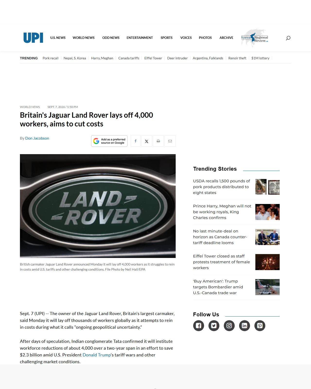 upi.com as published: Britain's Jaguar Land Rover lays off 4,000 workers, aims to cut costs