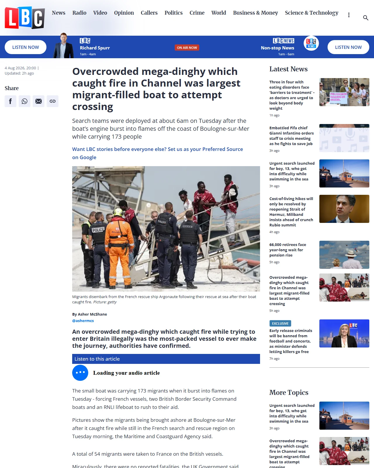 lbc.co.uk as published: Migrant mega-dinghy which caught fire in Channel was largest boat to attempt to cross into UK ever, authorities confirm