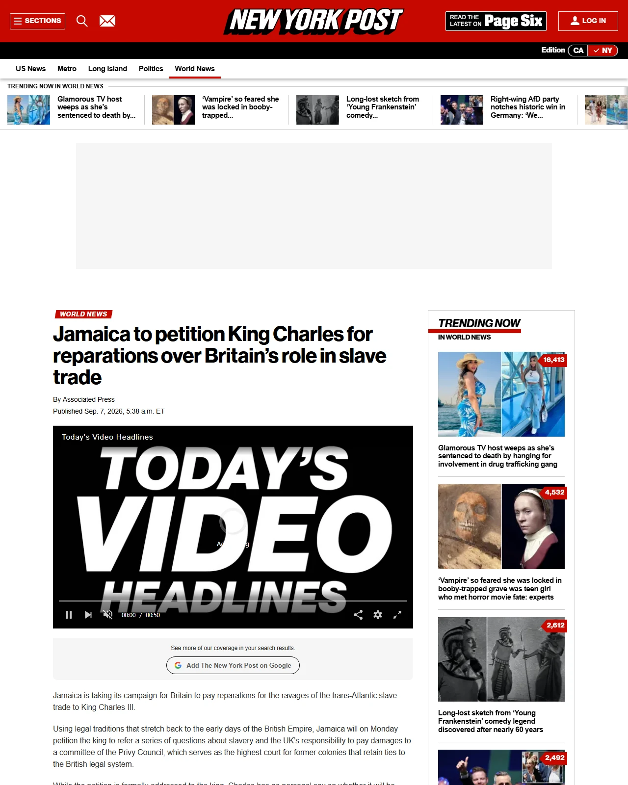 nypost.com as published: Jamaica to petition King Charles for reparations over Britain’s role in slave trade