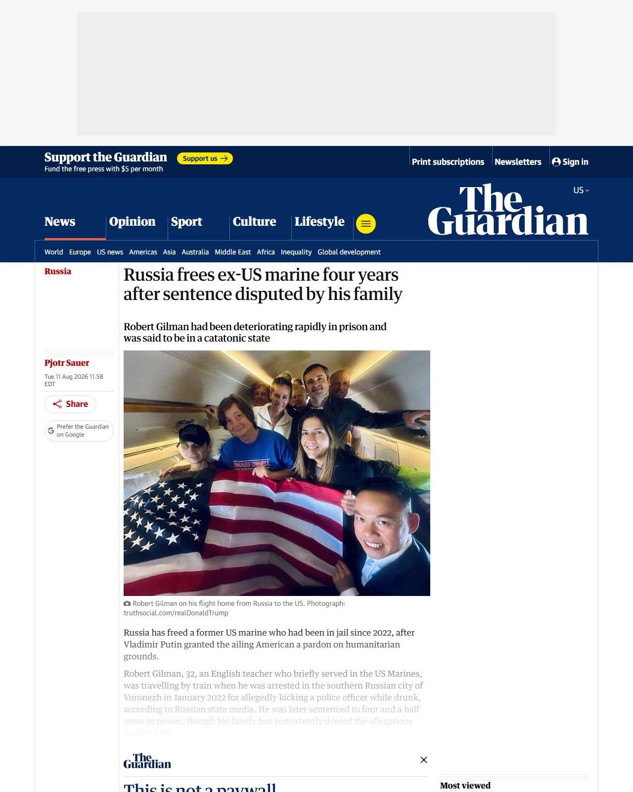 theguardian.com as published: Russia frees ex-US marine four years after sentence disputed by his family