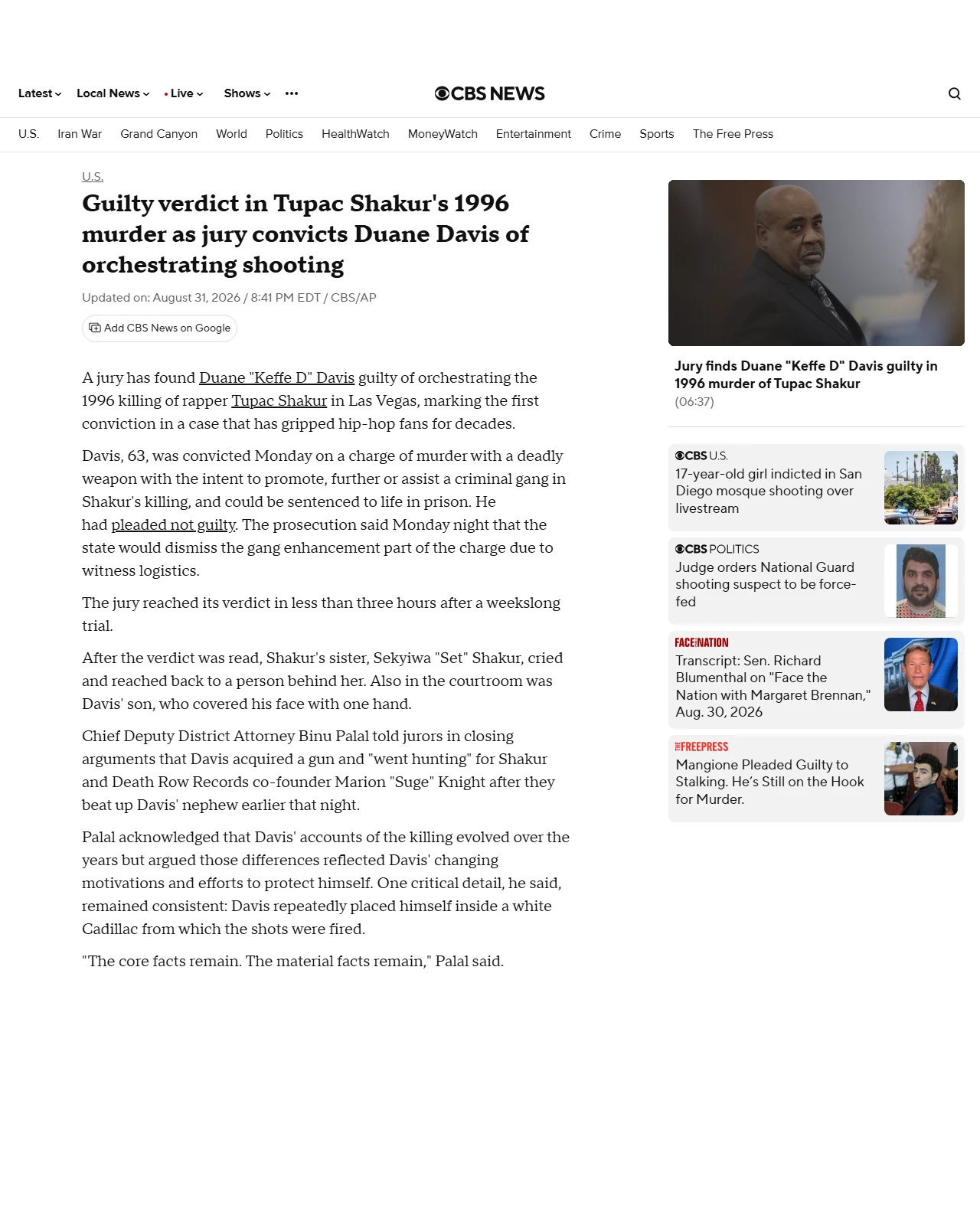 cbsnews.com as published: Guilty verdict in 1996 murder of Tupac Shakur