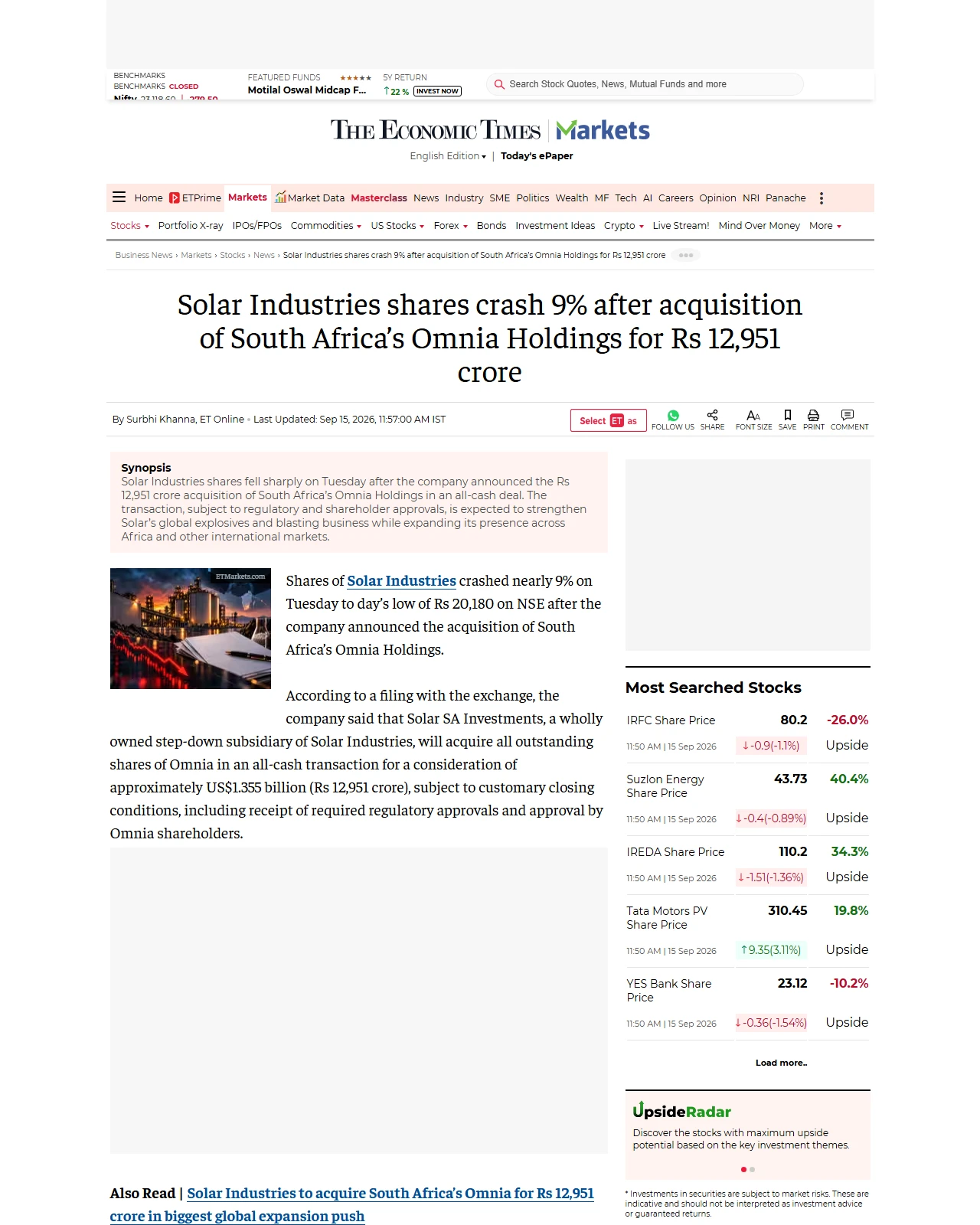 economictimes.com as published: Solar Industries shares crash 9% after acquisition of South Africa’s Omnia Holdings for Rs 12,951 crore