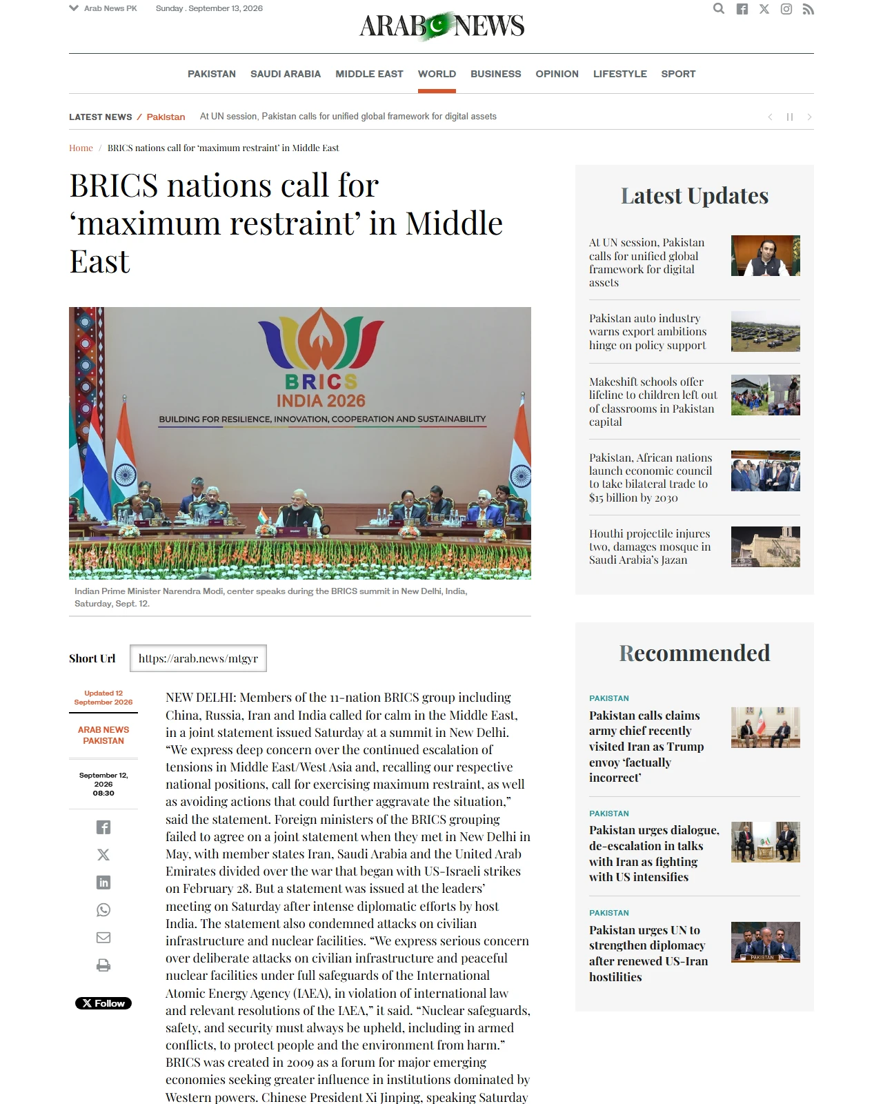 arabnews.pk as published: BRICS nations call for ‘maximum restraint’ in Middle East
