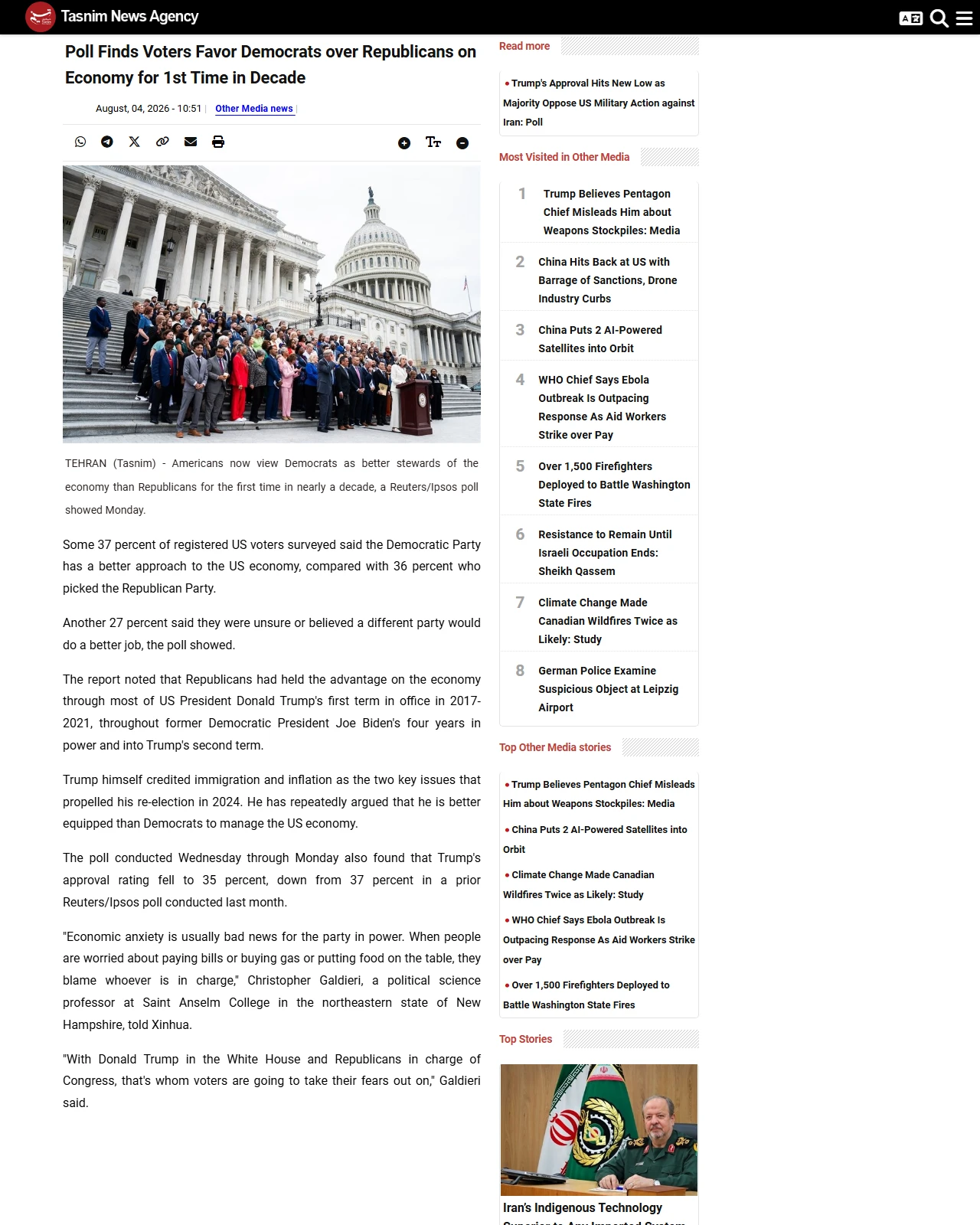 tasnimnews.ir as published: Poll Finds Voters Favor Democrats over Republicans on Economy for 1st Time in Decade