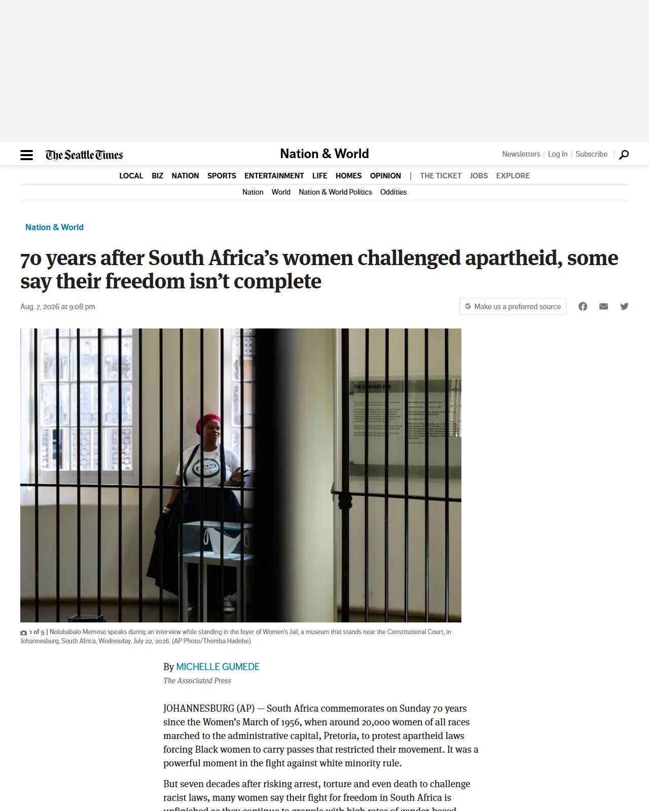 seattletimes.com as published: 70 years after South Africa’s women challenged apartheid, some say their freedom isn’t complete
