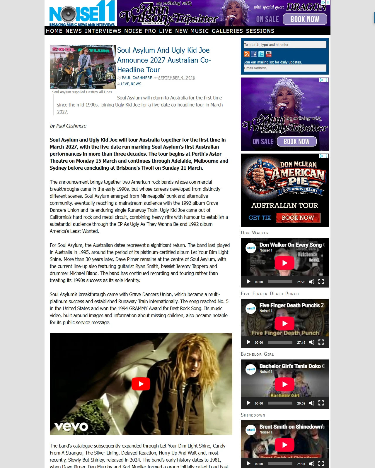 noise11.com as published: Soul Asylum And Ugly Kid Joe Announce 2027 Australian Co-Headline Tour