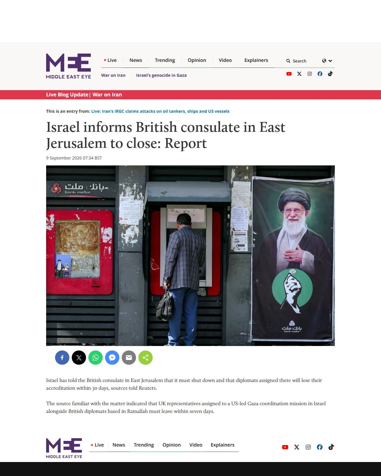 middleeasteye.net as published: Israel informs British consulate in East Jerusalem to close: Report