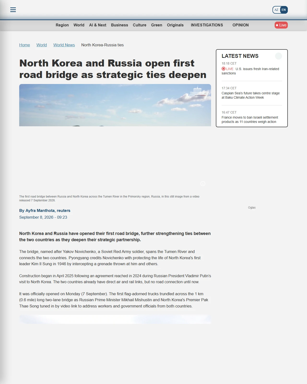 anewz.tv as published: North Korea and Russia open first road bridge as strategic ties deepen