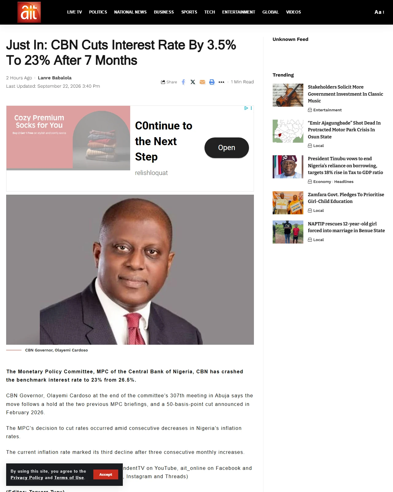 ait.live as published: Just In: CBN cuts interest rate By 3.5% to 23% After 7 Months