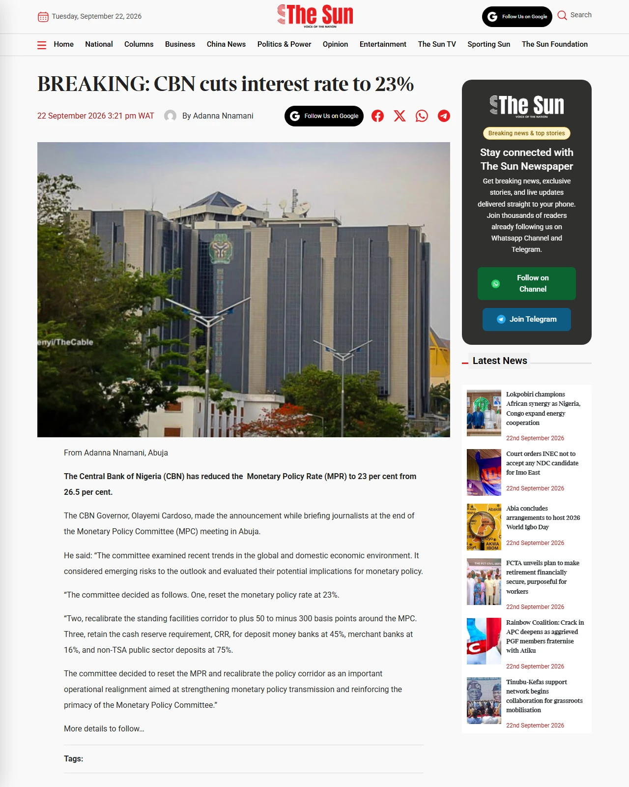thesun.ng as published: BREAKING: CBN cuts interest rate to 23%