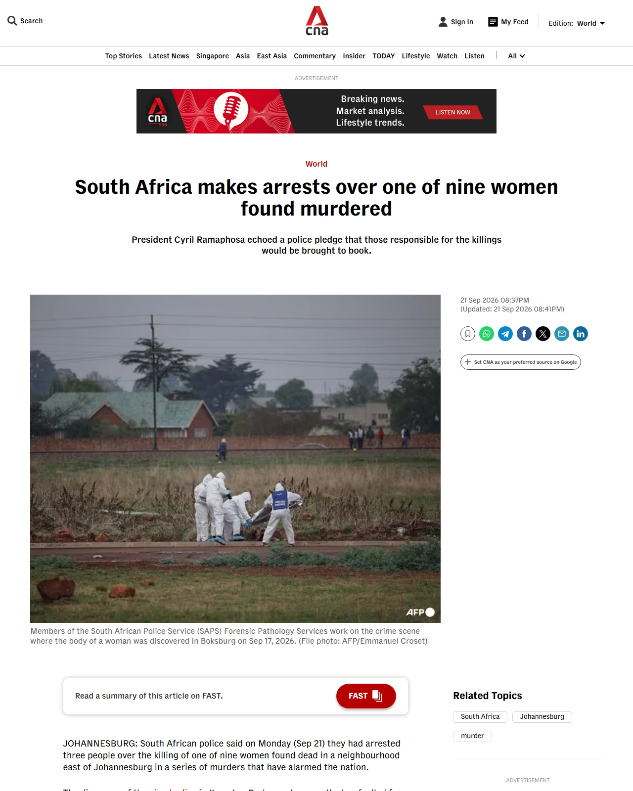 channelnewsasia.com as published: South Africa makes arrests over one of nine women found murdered