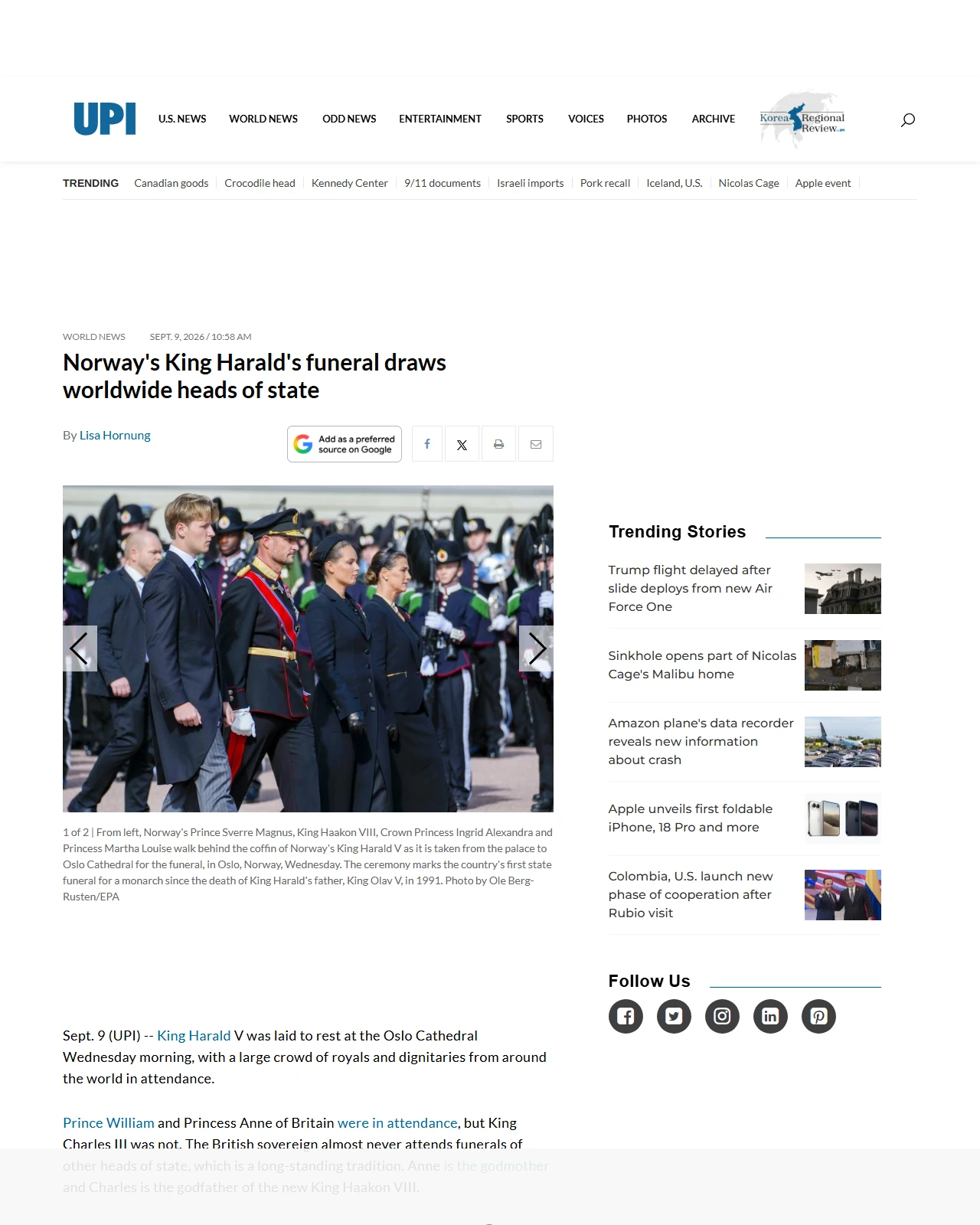 upi.com as published: Norway's King Harald's funeral draws worldwide heads of state