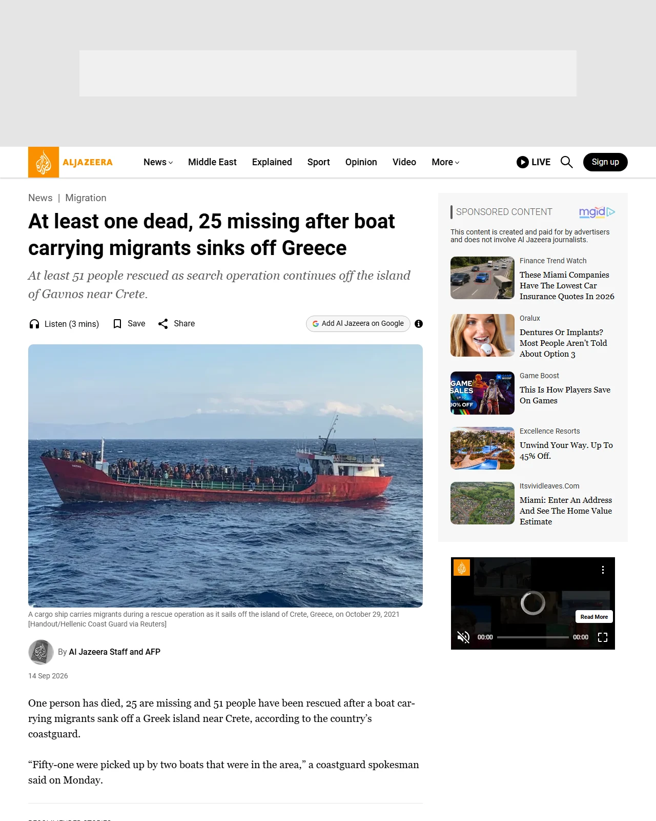 aljazeera.com as published: At least one dead, 25 missing after boat carrying migrants sinks off Greece