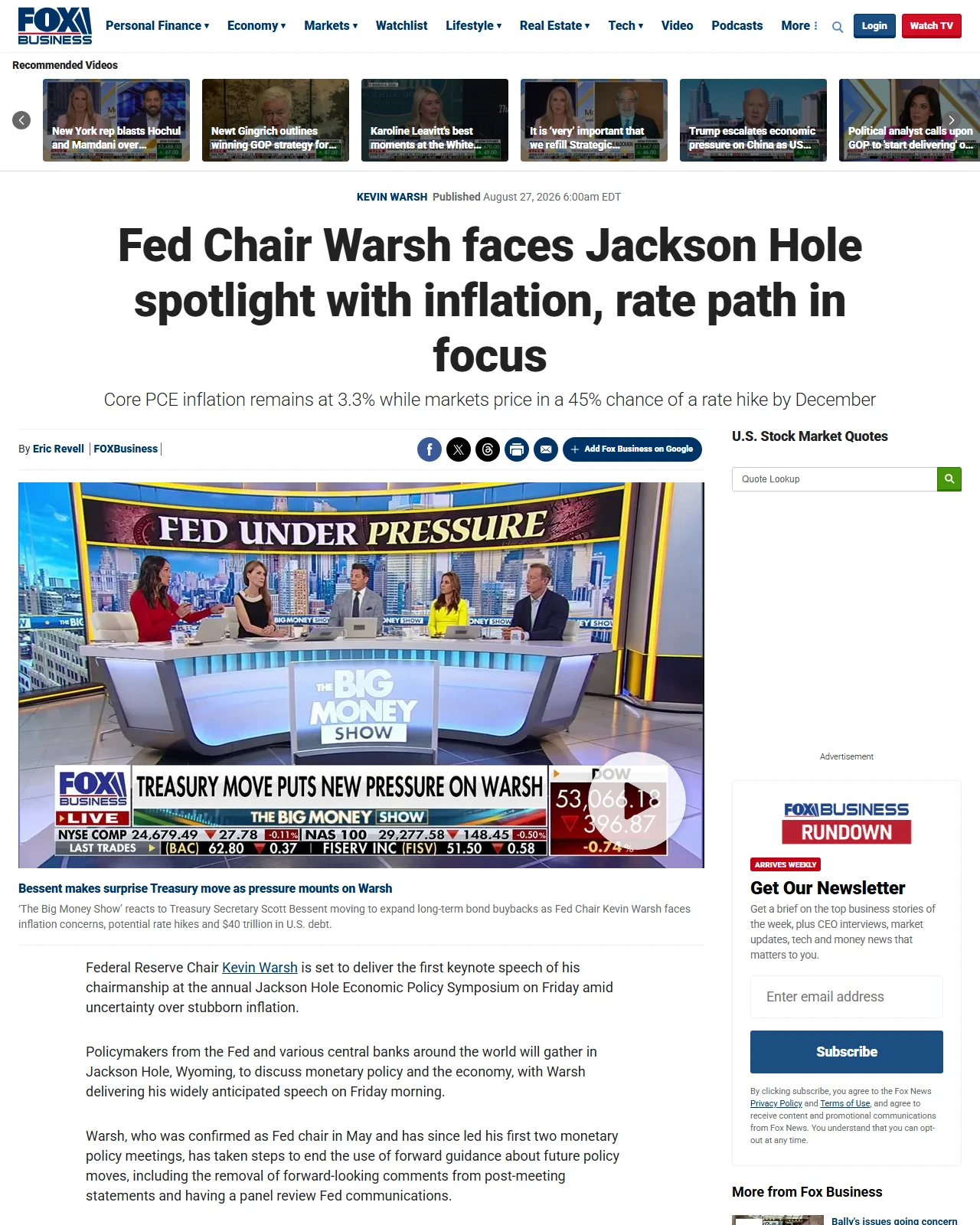 foxbusiness.com as published: Fed Chair Warsh faces Jackson Hole spotlight with inflation, rate path in focus