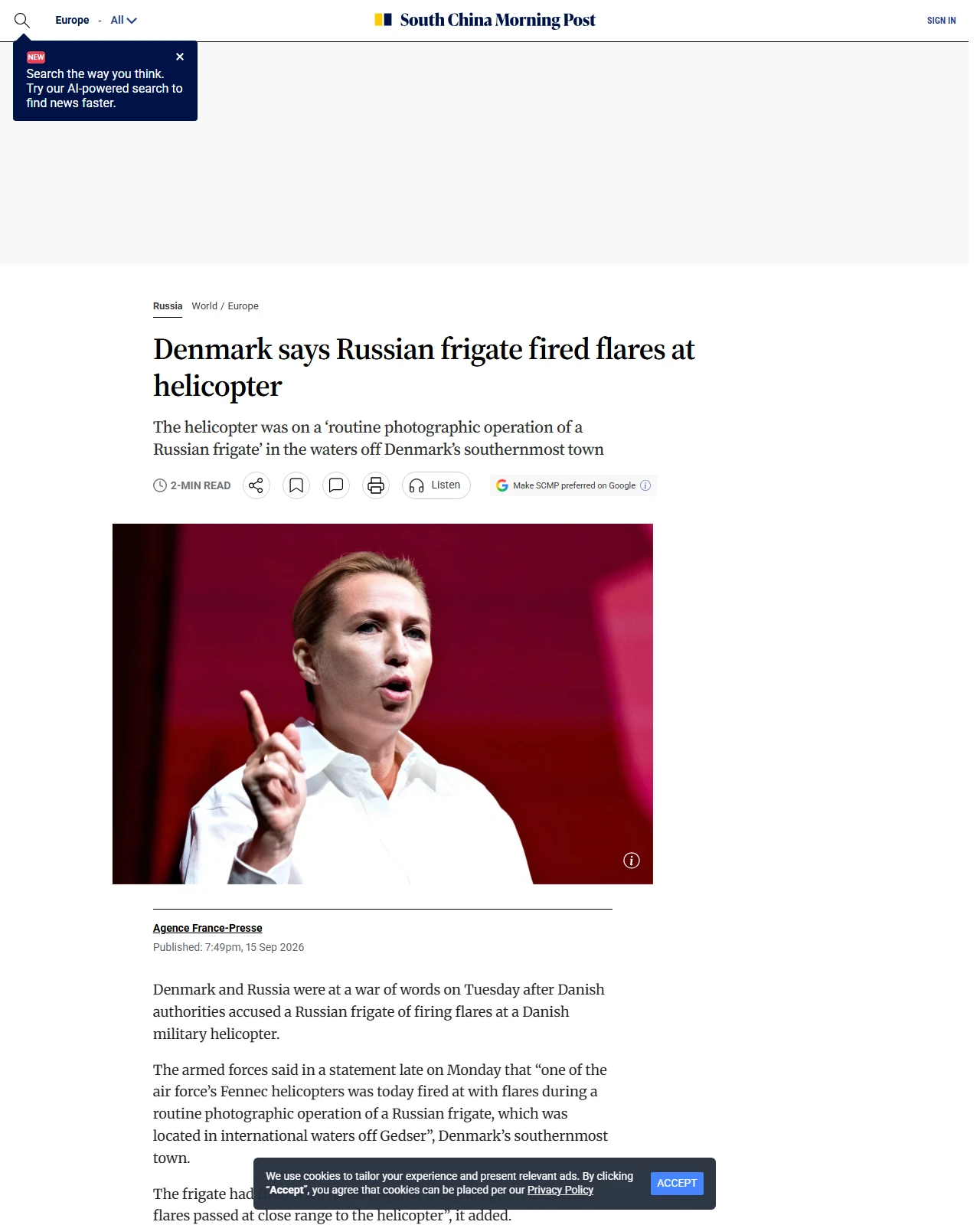 scmp.com as published: Denmark says Russian frigate fired flares at helicopter
