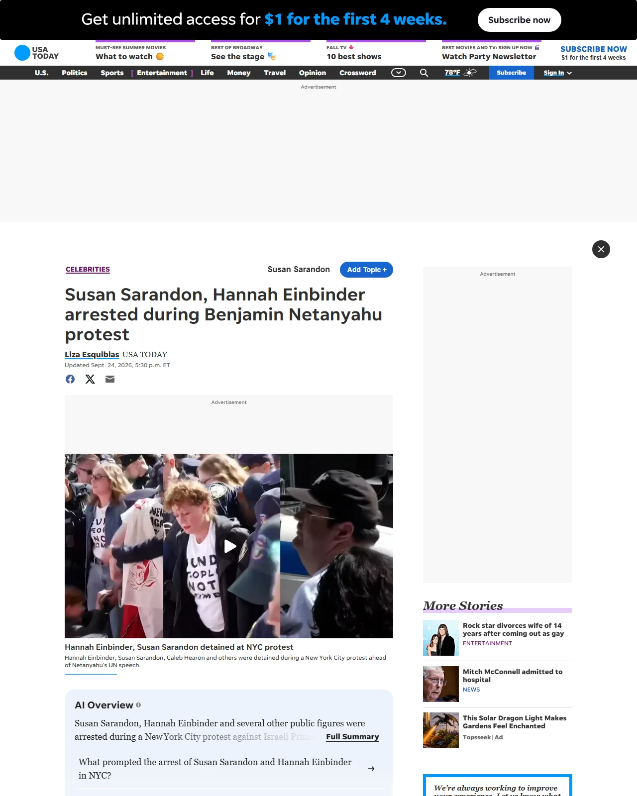 usatoday.com as published: Susan Sarandon, Hannah Einbinder arrested during Benjamin Netanyahu protest