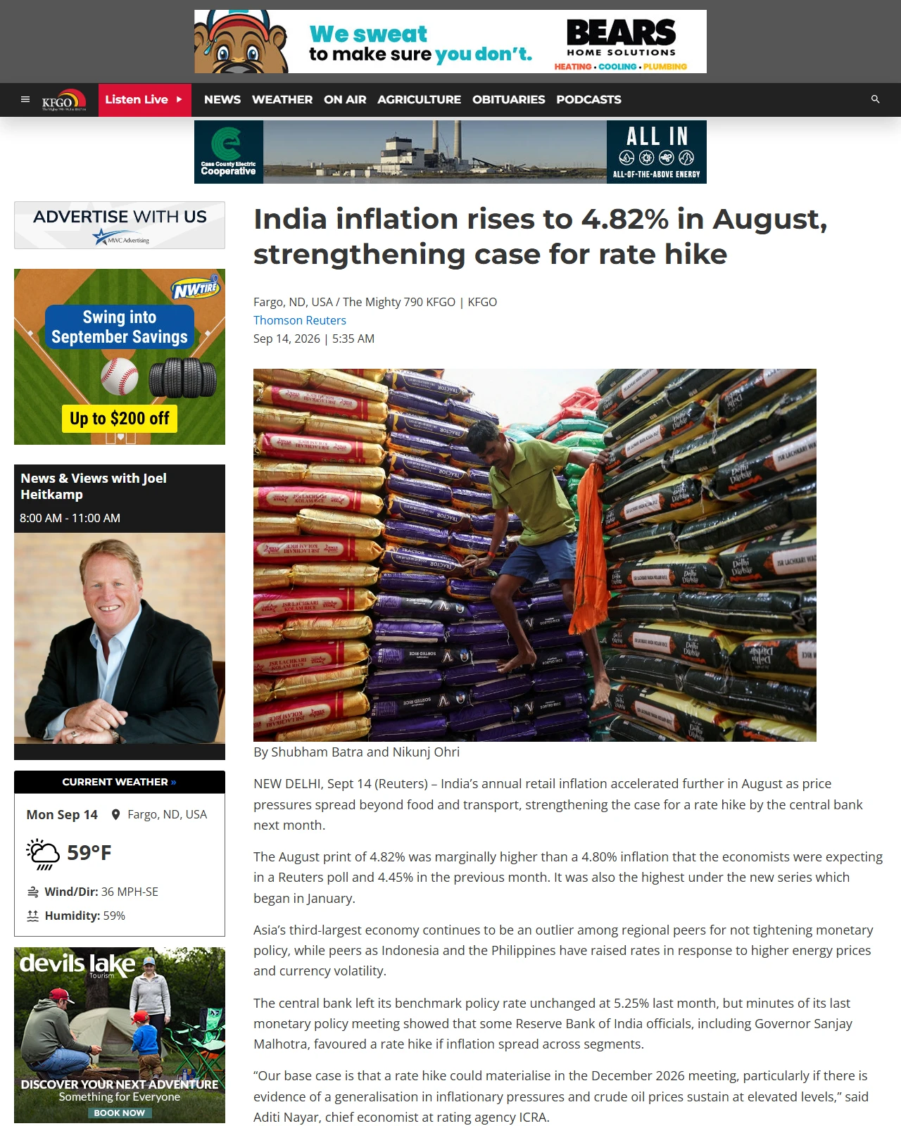 kfgo.com as published: India’s August retail inflation at 4.82% on-year