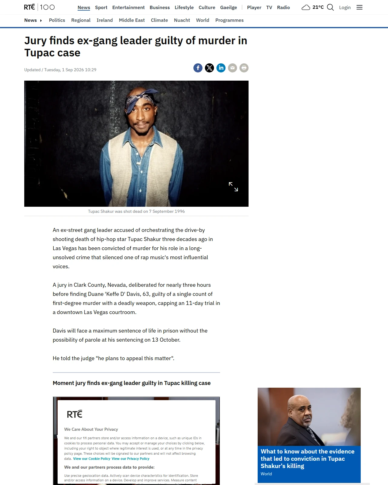 rte.ie as published: Jury finds ex-gang leader guilty of murder in Tupac case