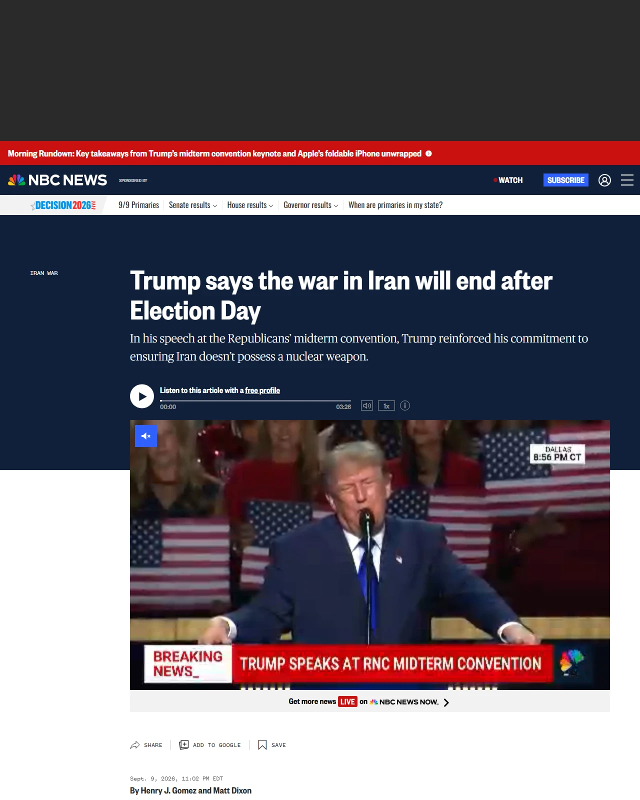 nbcnews.com as published: Trump says the war in Iran will end after Election Day