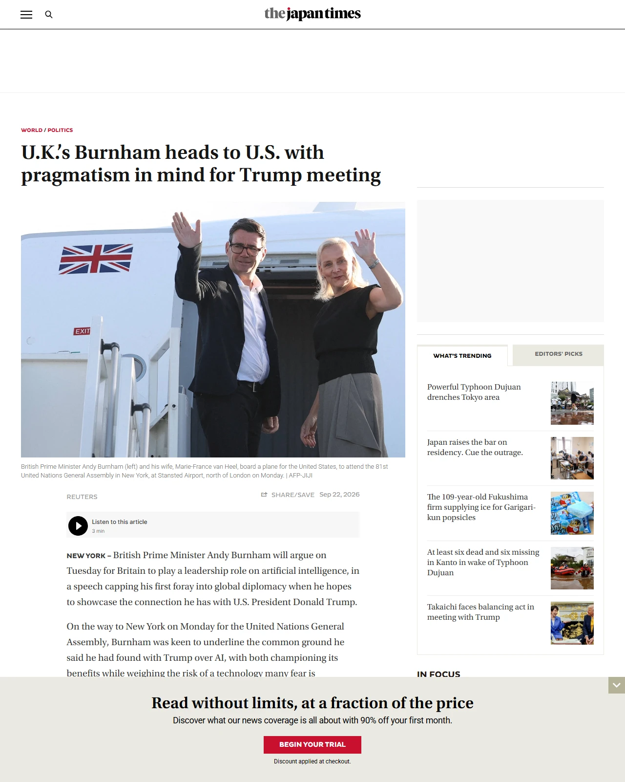 japantimes.co.jp as published: U.K.’s Burnham heads to U.S. with pragmatism in mind for Trump meeting