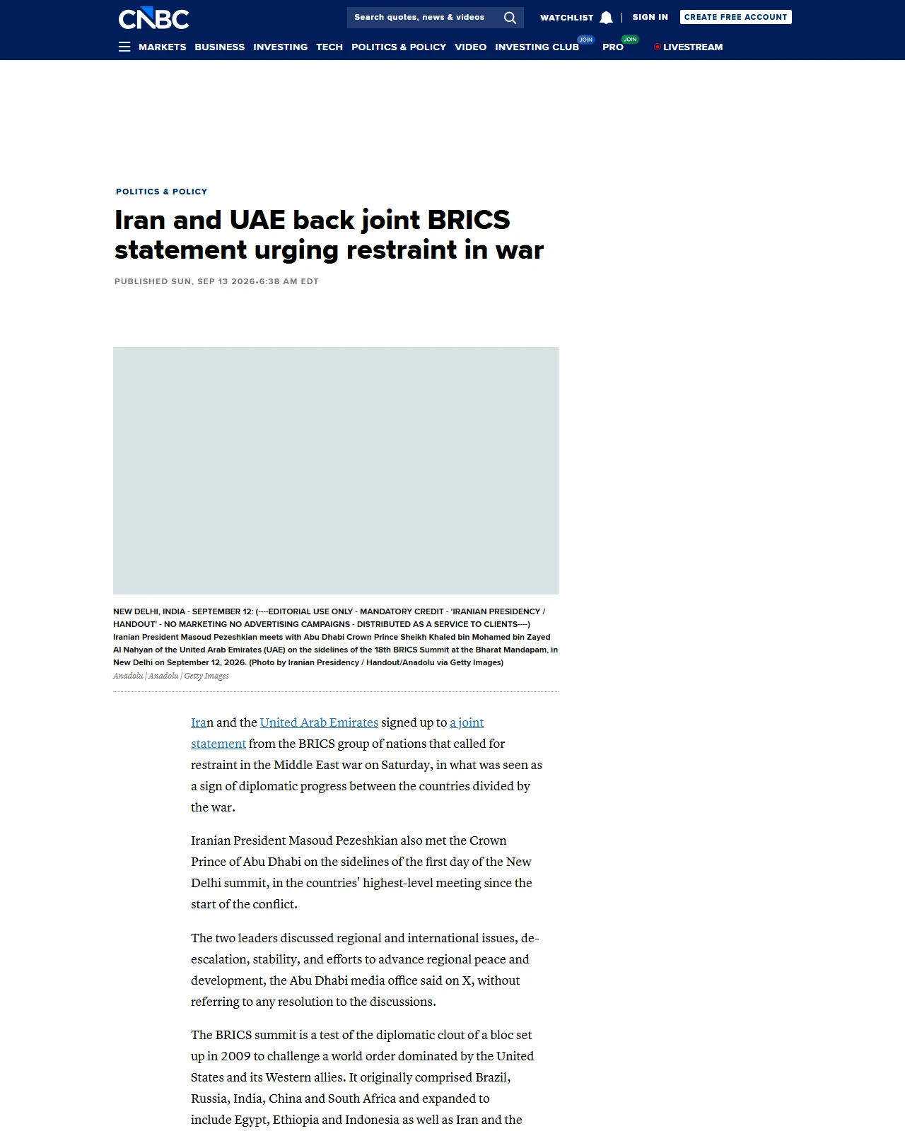 cnbc.com as published: Iran and UAE back joint BRICS statement urging restraint in war