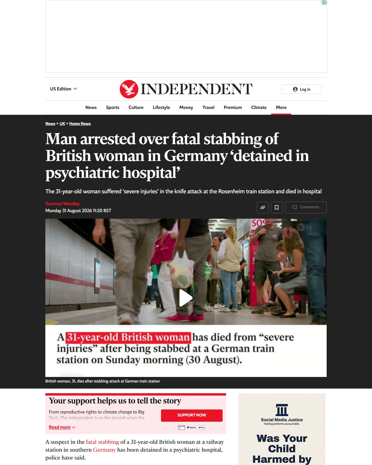 independent.co.uk as published: Man arrested over fatal stabbing of British woman in Germany ‘detained in psychiatric hospital’