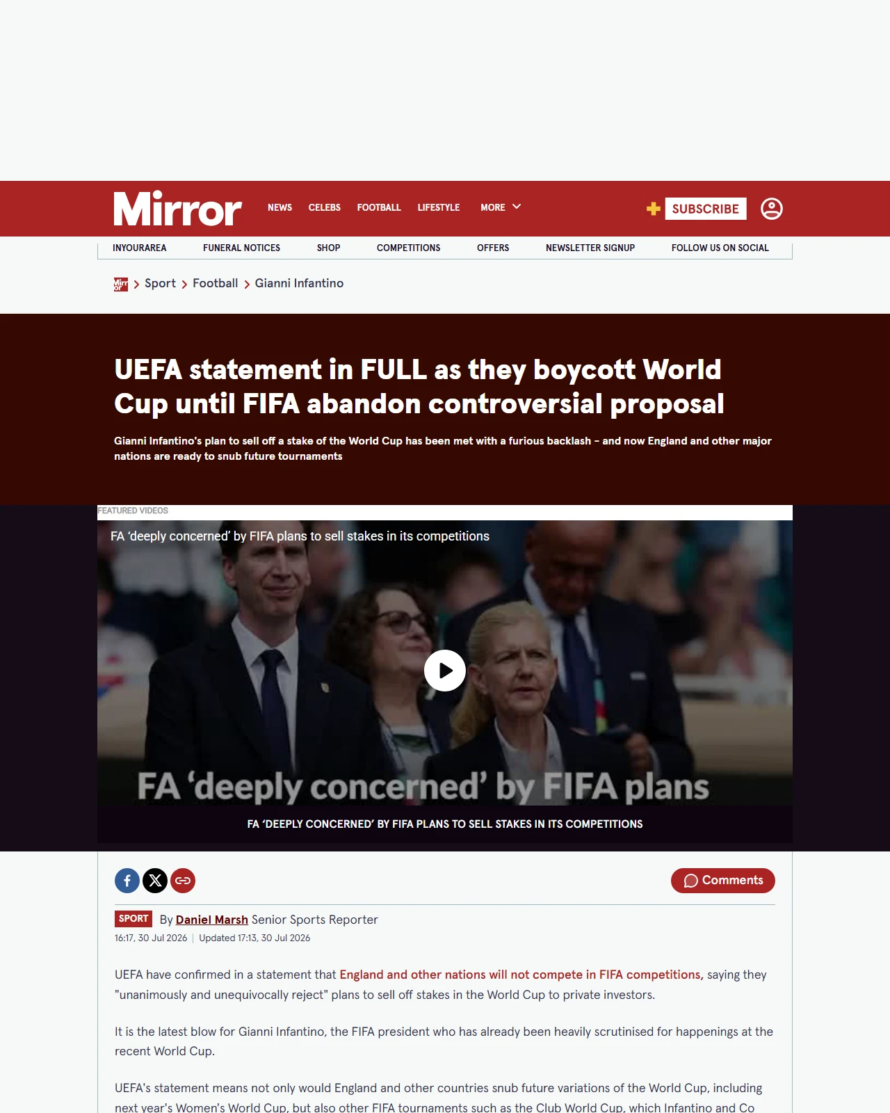 mirror.co.uk as published: UEFA statement in FULL as they boycott World Cup until FIFA abandon controversial proposal