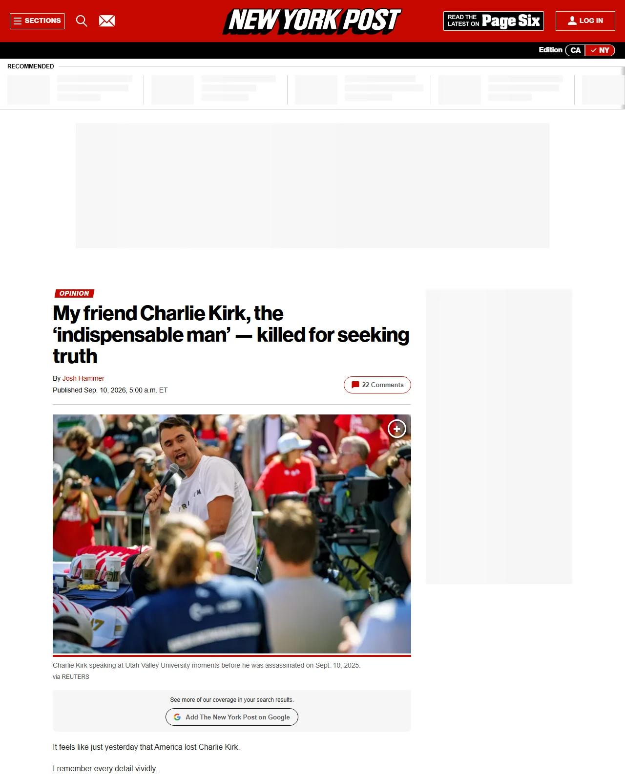 nypost.com as published: My friend Charlie Kirk, the ‘indispensable man’ — killed for seeking truth
