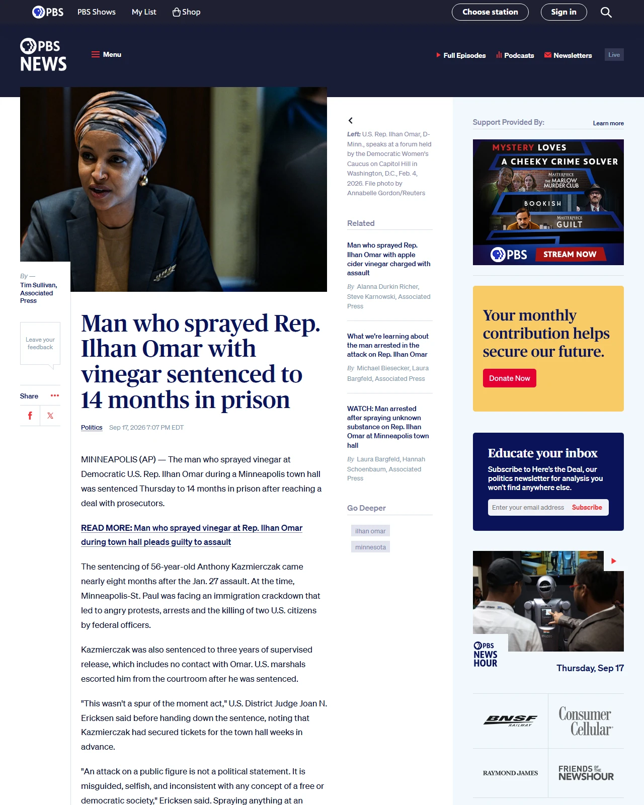 pbs.org as published: Man who sprayed Rep. Ilhan Omar with vinegar sentenced to 14 months in prison