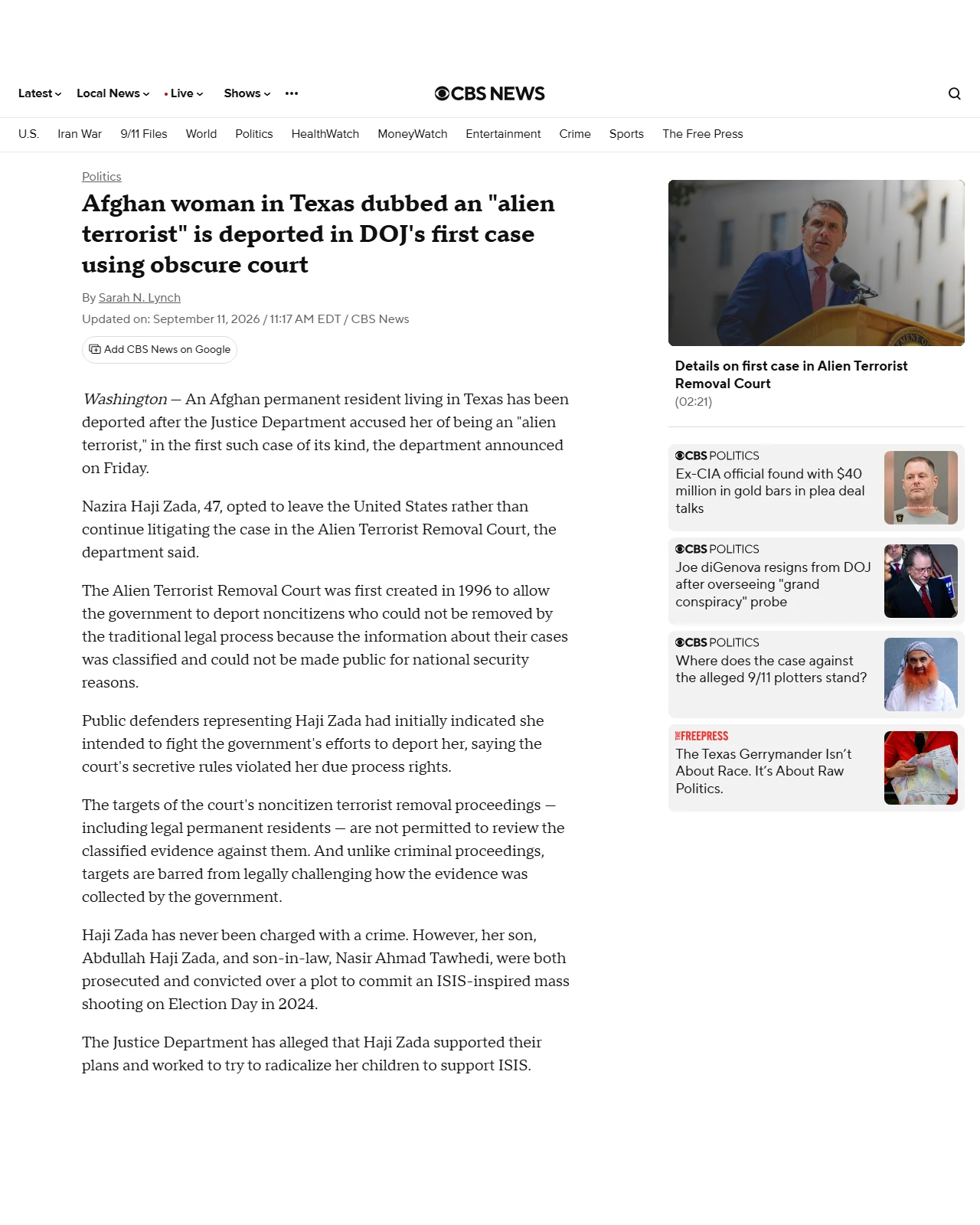 cbsnews.com as published: Afghan woman in Texas dubbed an "alien terrorist" is deported in DOJ's first case using obscure court