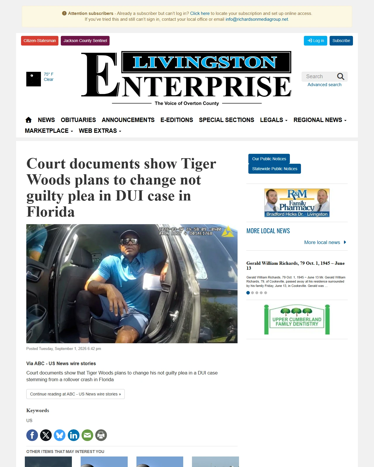 livingstonenterprise.net as published: Court documents show Tiger Woods plans to change not guilty plea in DUI case in Florida
