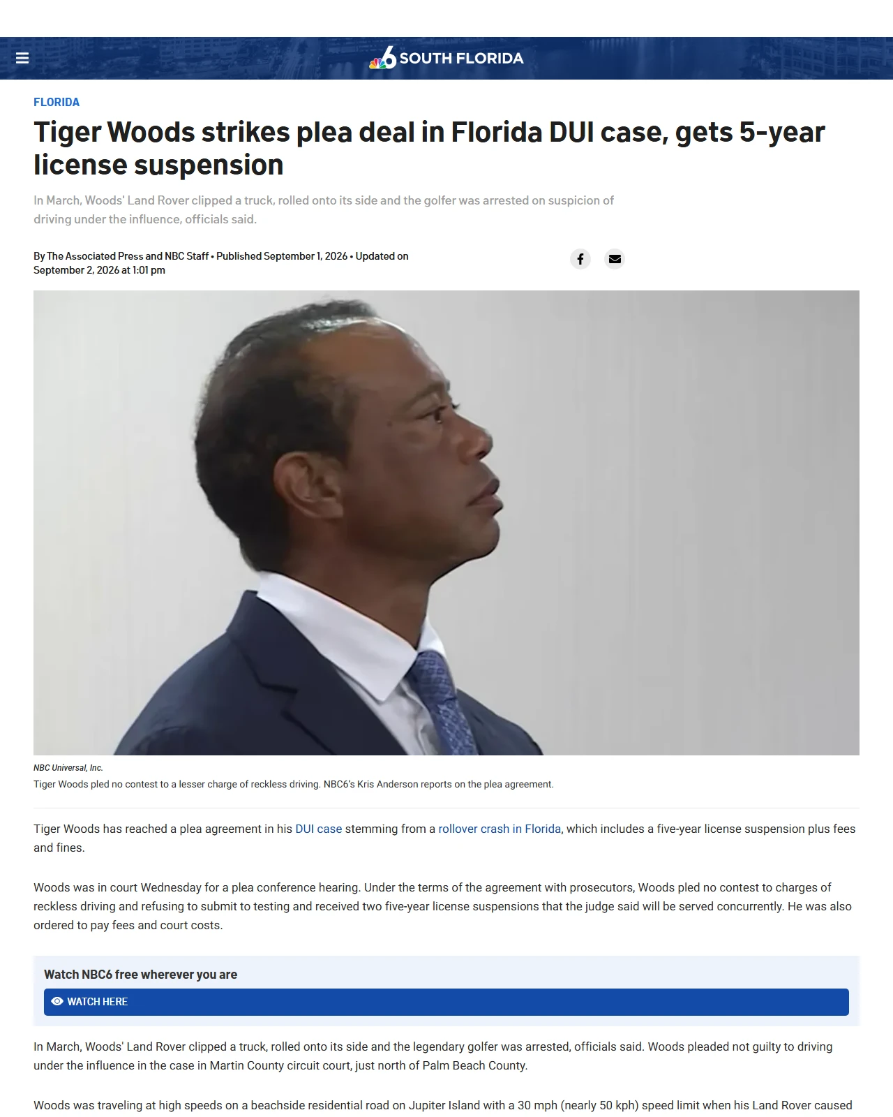nbcmiami.com as published: Court documents show Tiger Woods plans to change not guilty plea in DUI case in Florida