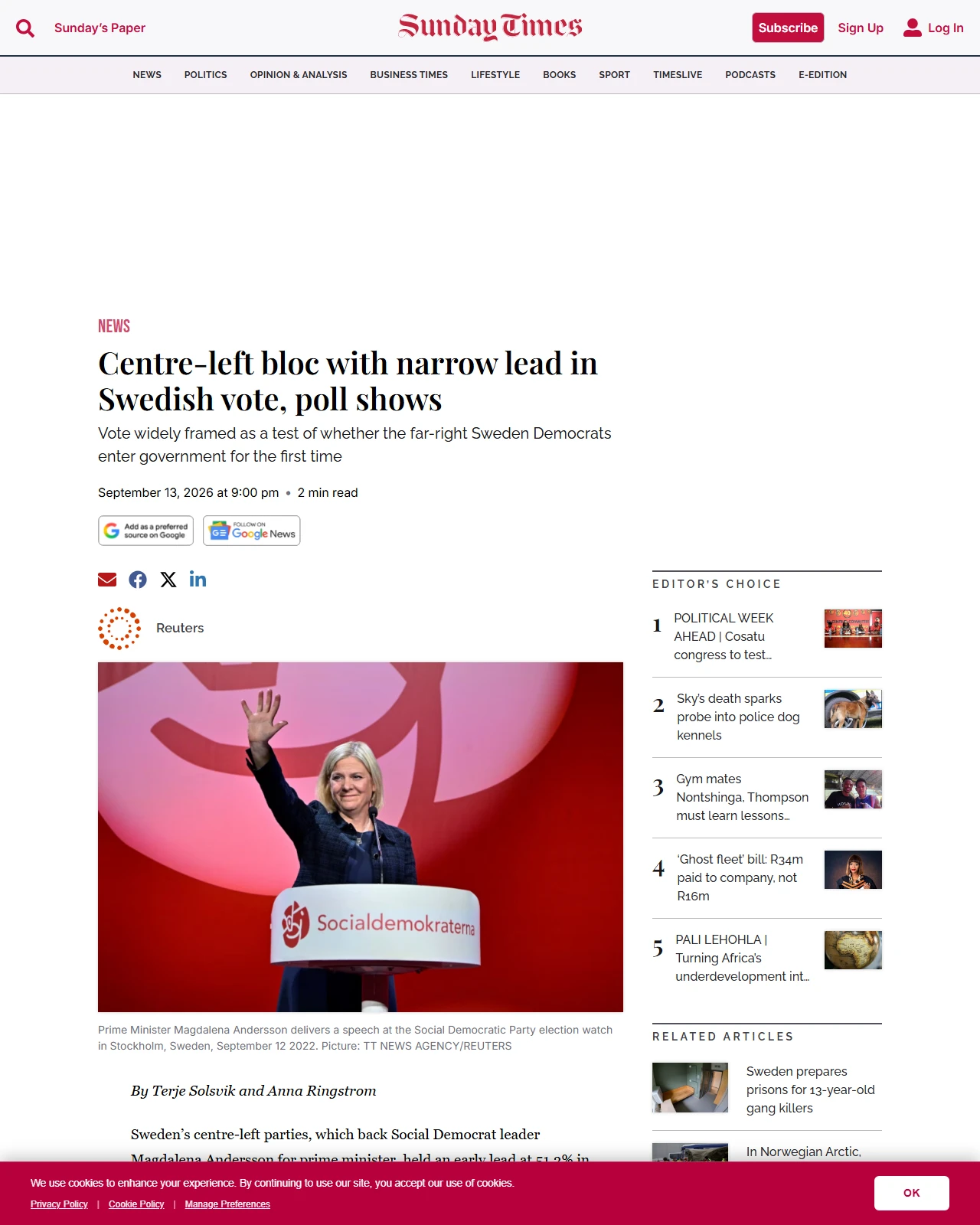 sundaytimes.timeslive.co.za as published: Centre-left bloc with narrow lead in Swedish vote, poll shows