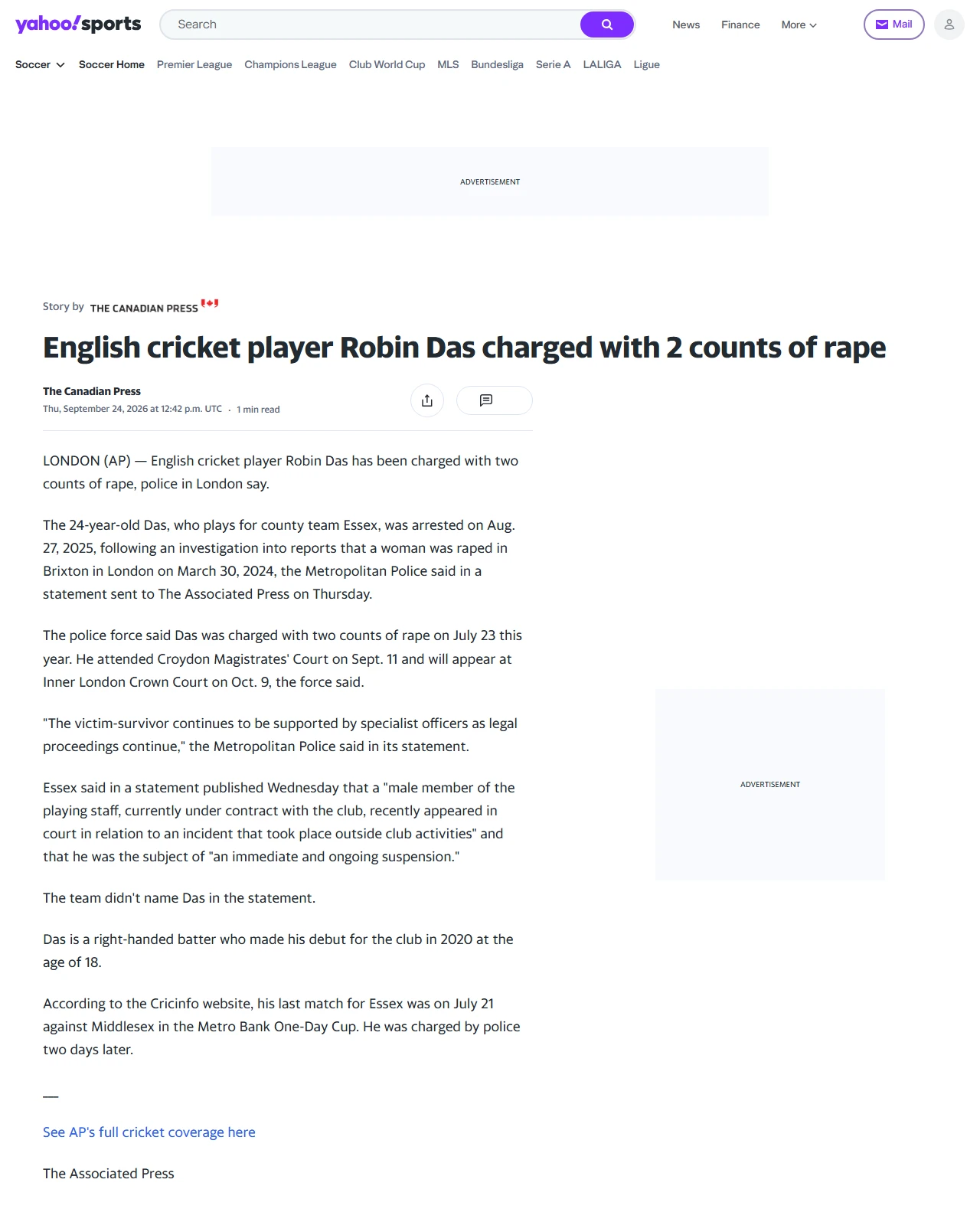 ca.sports.yahoo.com as published: English cricket player Robin Das charged with 2 counts of rape