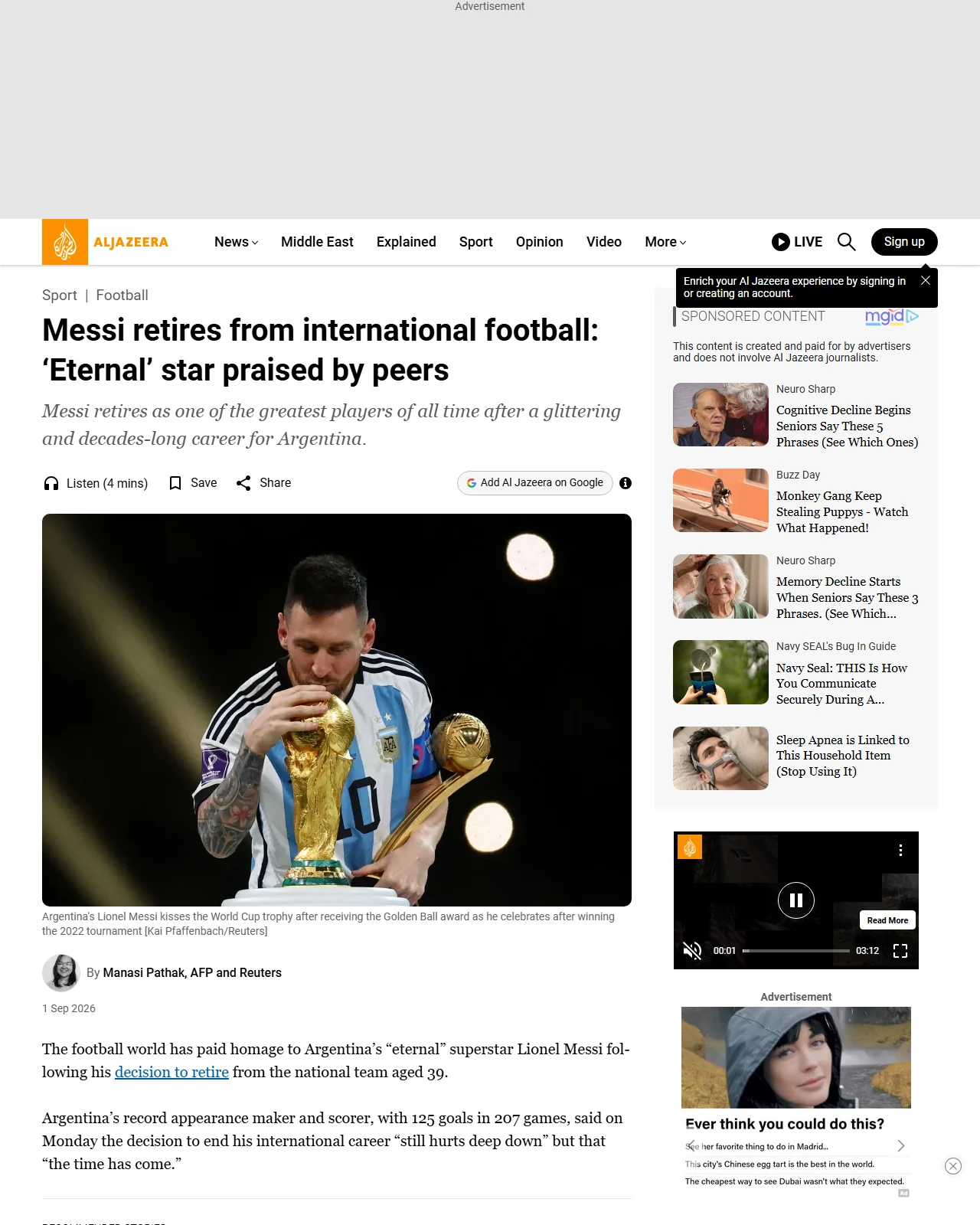 aljazeera.com as published: Messi retires from international football: ‘Eternal’ star praised by peers