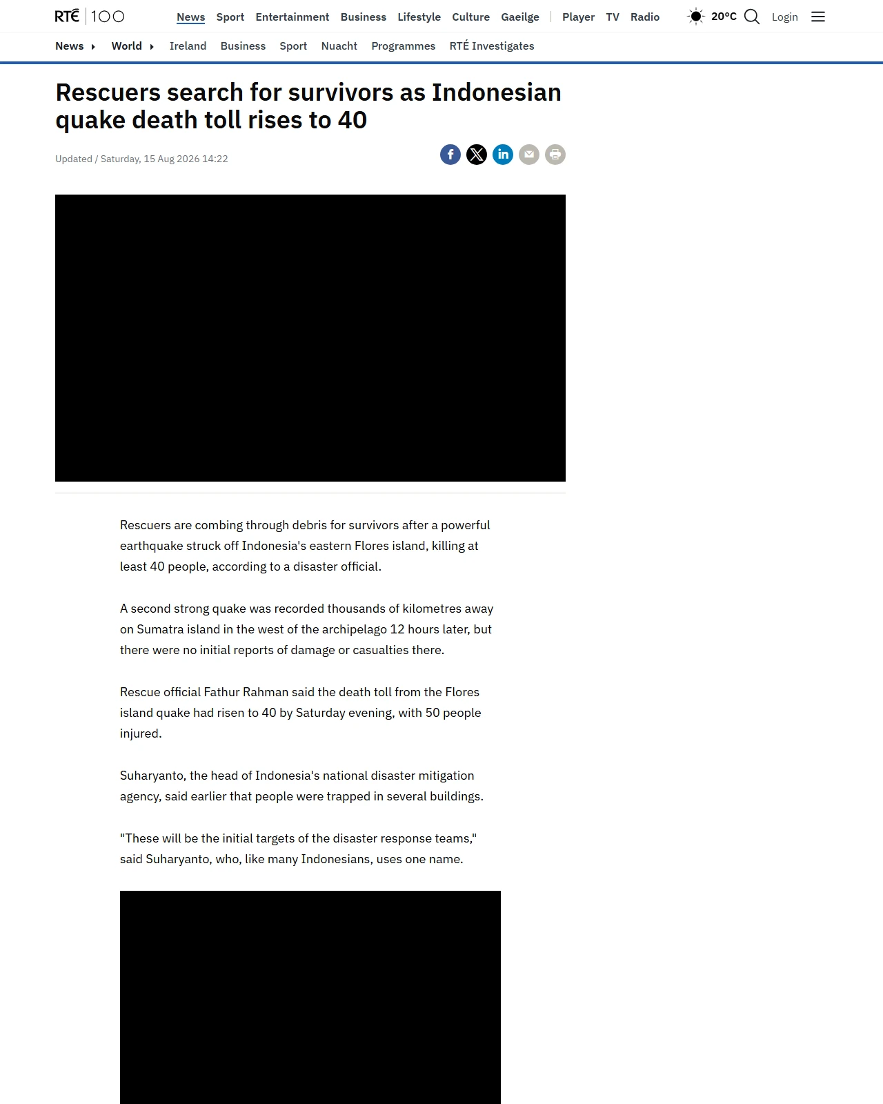 rte.ie as published: Powerful 7.7-magnitude earthquake kills 40 in Indonesia