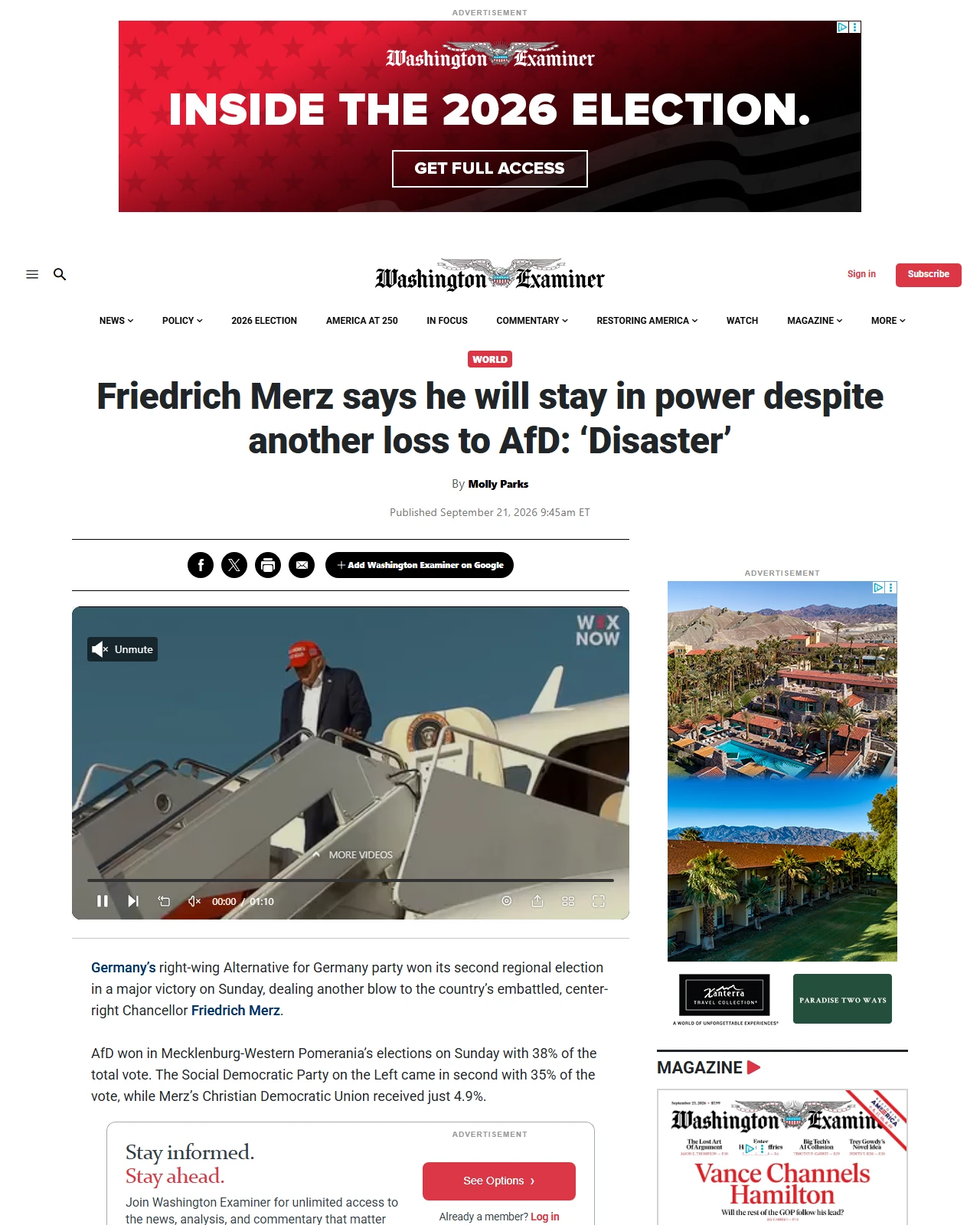 washingtonexaminer.com as published: Friedrich Merz says he will stay in power despite another loss to AfD: ‘Disaster’