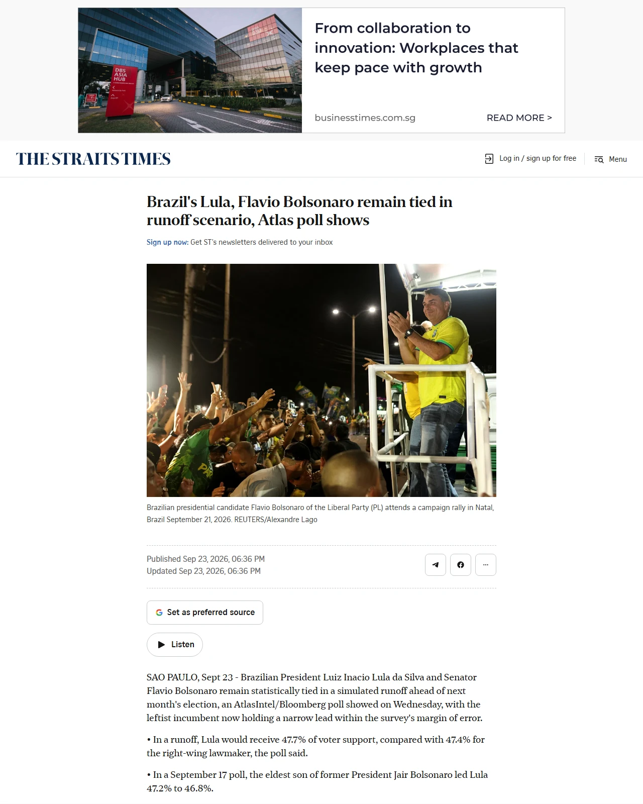straitstimes.com as published: Brazil's Lula, Flavio Bolsonaro remain tied in runoff scenario, Atlas poll shows